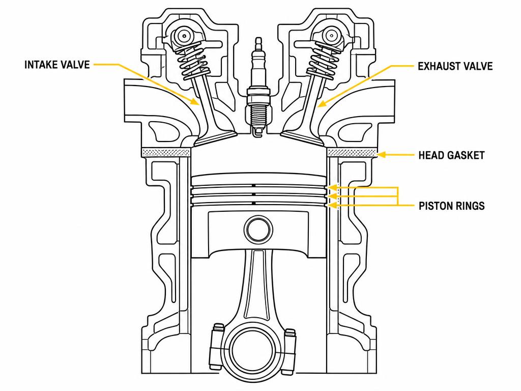 Cross-section of one engine cylinder with the intake valve, exhaust valve, piston rings, and head gasket labeled